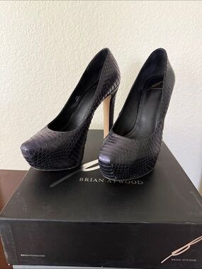 Brian Atwood Savita Platform Pump, Purple Metallic Snake